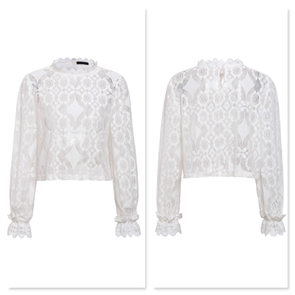White Lace High Neck Long Sleeve Shirt - Picture 9 of 16